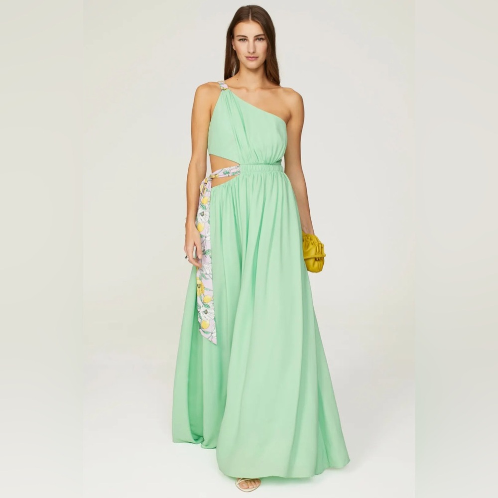 Amur Size 2 Zela One Shoulder Gown Green w/ Lavender Floral Side Tie